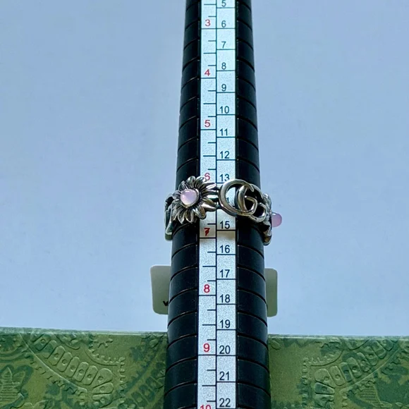 Gucci Silver Ring with Pink Stones G Logo Size 6